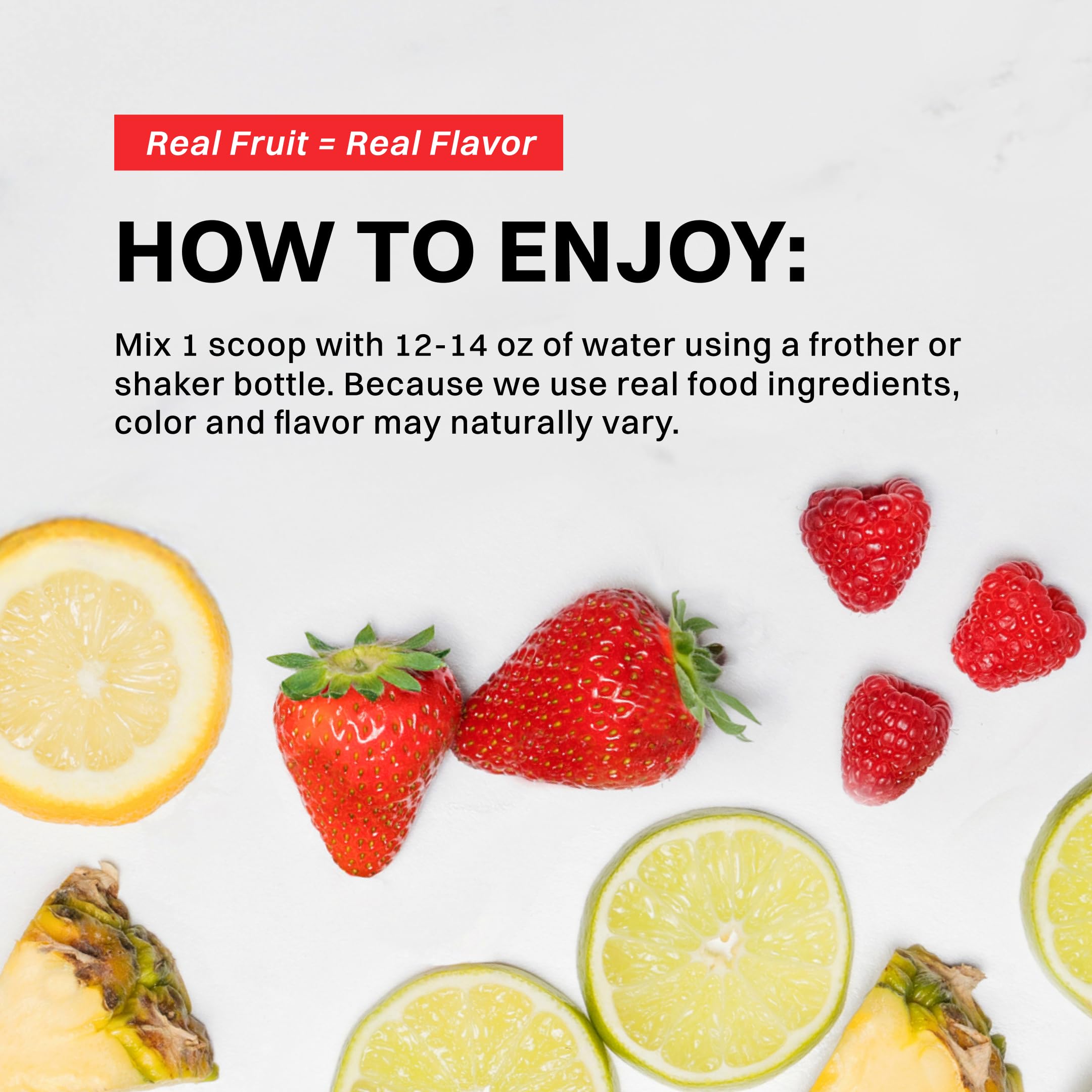 JUST INGREDIENTS bolsa junto a fresas y coco para indicar ingredientes reales