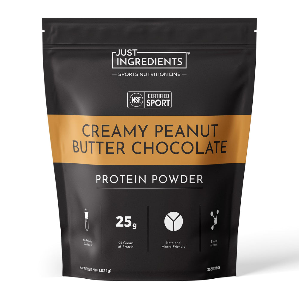 Just Ingredients frasco frontal mostrando etiqueta y certificación NSF, confianza de calidad