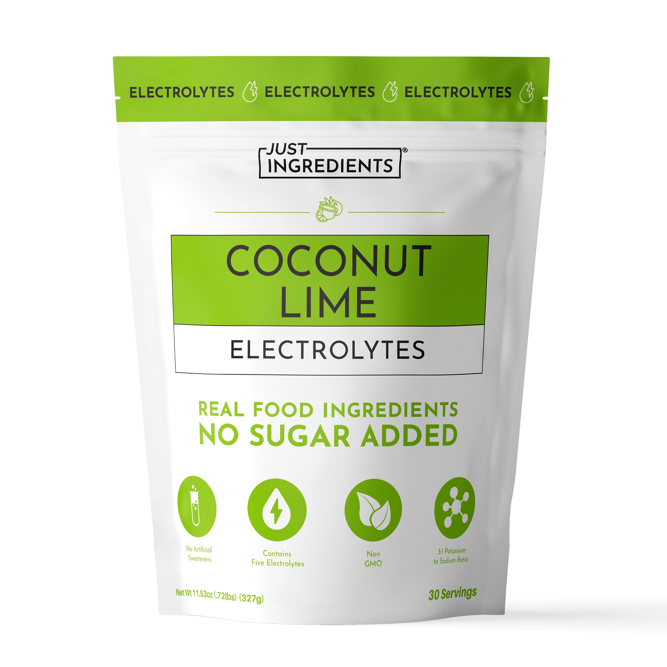 JUST INGREDIENTS envase frontal mostrando sabor coco y lima y beneficios de hidratación