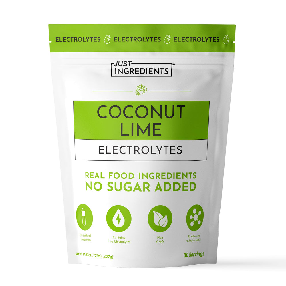 JUST INGREDIENTS envase frontal mostrando sabor coco y lima y beneficios de hidratación