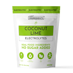 JUST INGREDIENTS envase frontal mostrando sabor coco y lima y beneficios de hidratación
