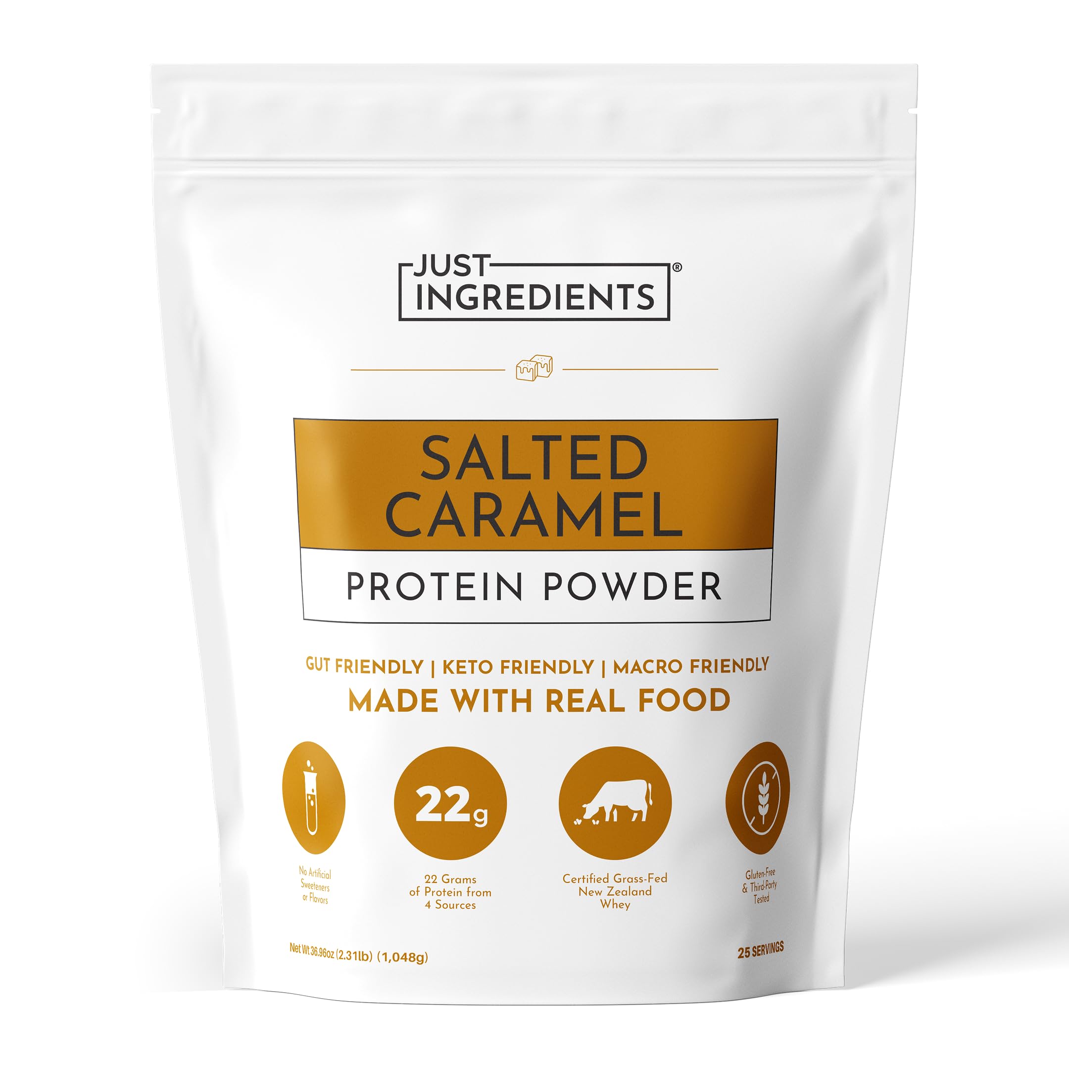 JUST INGREDIENTS empaque frontal mostrando sabor caramelo salado y beneficios