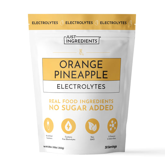 JUST INGREDIENTS empaque frontal mostrando sabor naranja piña y beneficios