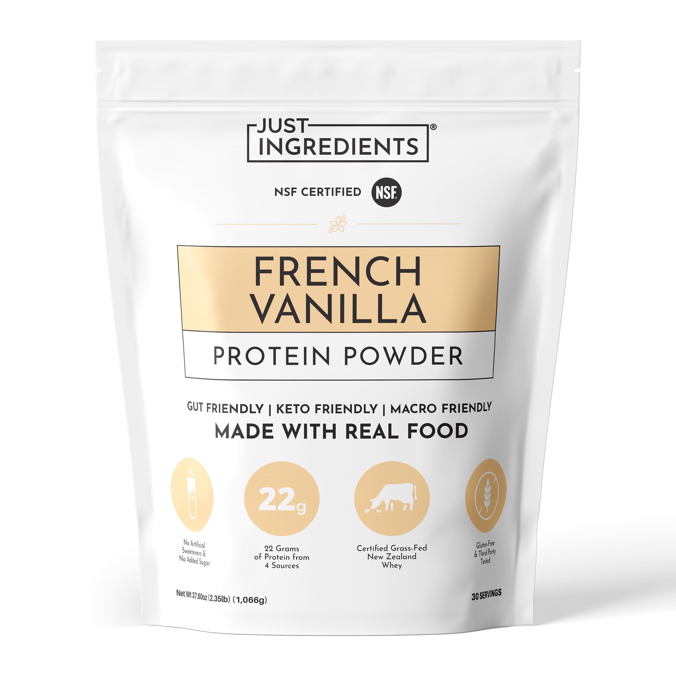 Envase JUST INGREDIENTS French Vanilla frente mostrando la etiqueta y beneficios claros