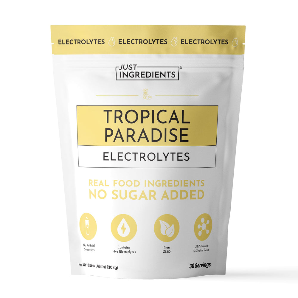 JUST INGREDIENTS frente del envase mostrando diseño tropical y 30 servicios