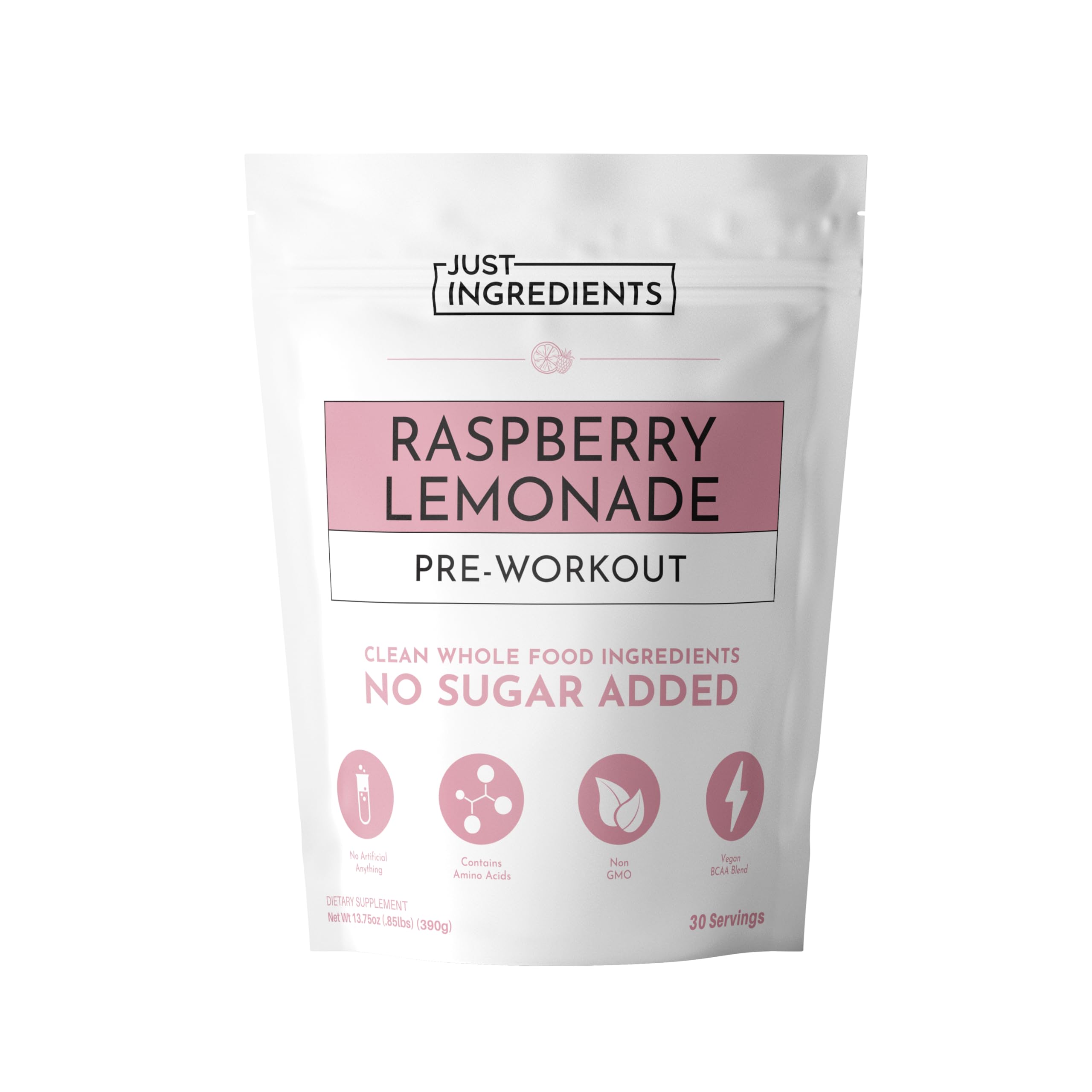 JUST INGREDIENTS frasco frontal con sabor frambuesa-limonada y energía limpia