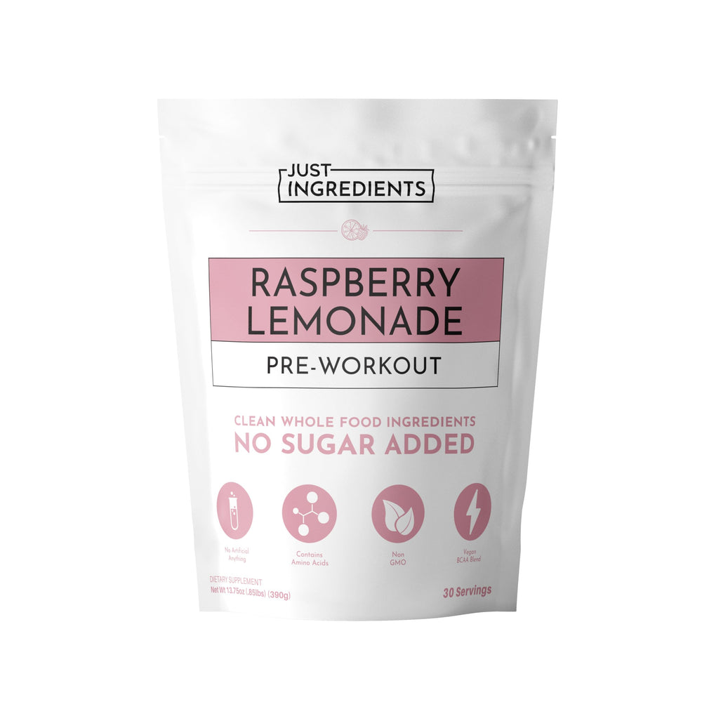 JUST INGREDIENTS frasco frontal con sabor frambuesa-limonada y energía limpia