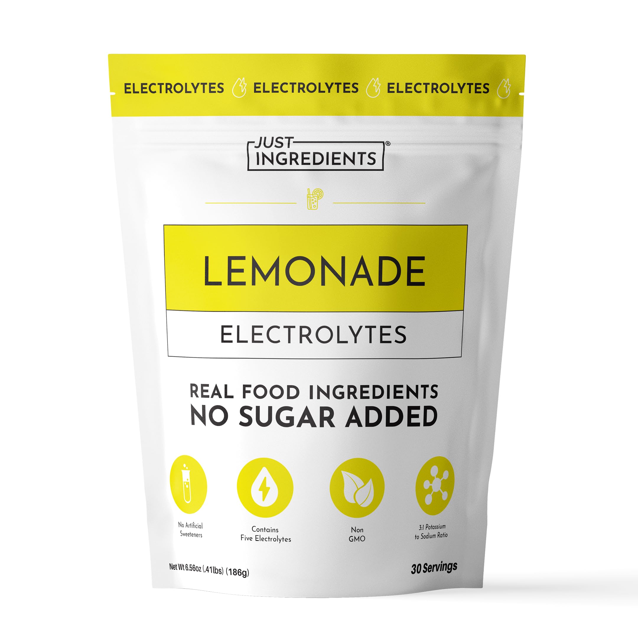 JUST INGREDIENTS frasco frontal con etiqueta clara y sabor limonada, beneficios de hidratación