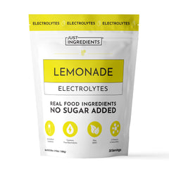 JUST INGREDIENTS frasco frontal con etiqueta clara y sabor limonada, beneficios de hidratación