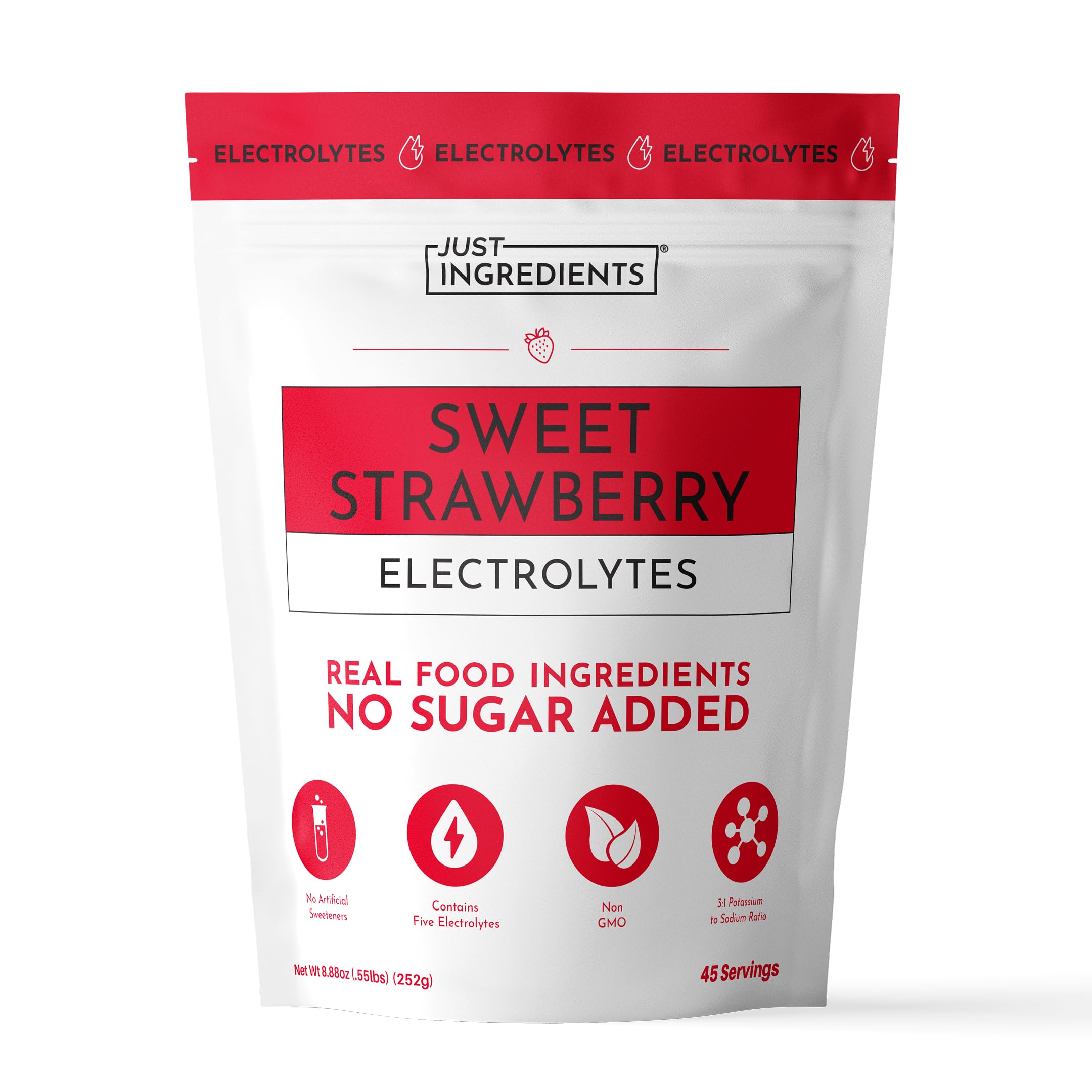 JUST INGREDIENTS bolsa frontal con etiqueta clara y beneficios visibles