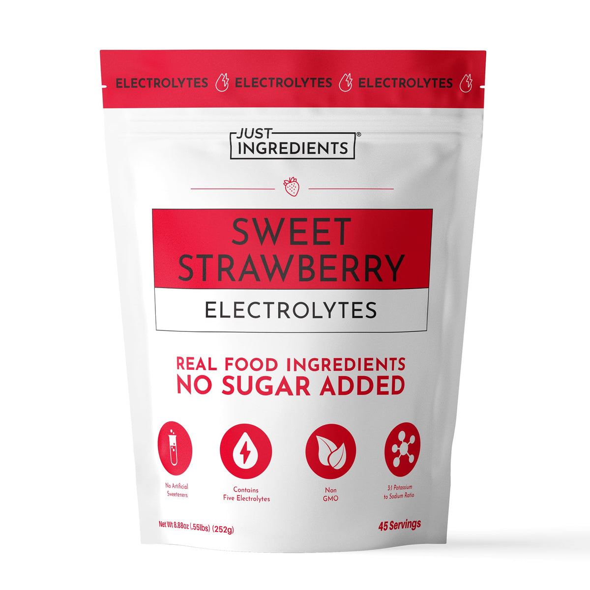 JUST INGREDIENTS bolsa frontal con etiqueta clara y beneficios visibles