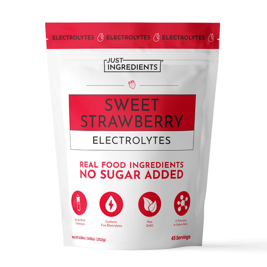 JUST INGREDIENTS bolsa frontal con etiqueta clara y beneficios visibles