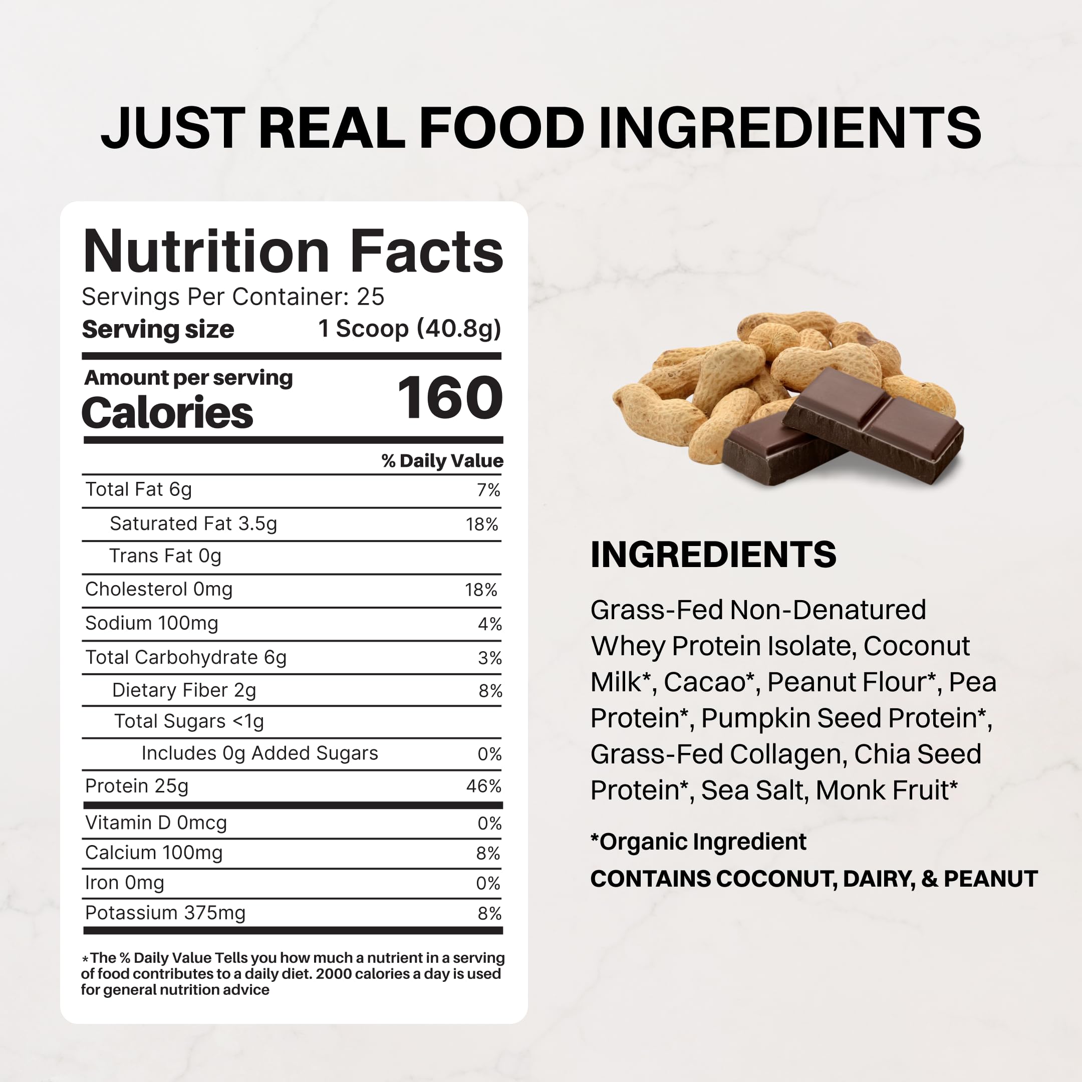 Just Ingredients cuchara medidora con polvo, indica 25 g de proteína por ración