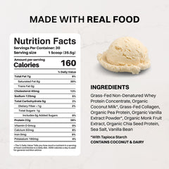 Cuchara medidora con JUST INGREDIENTS frente a frutas para mostrar porción y escala