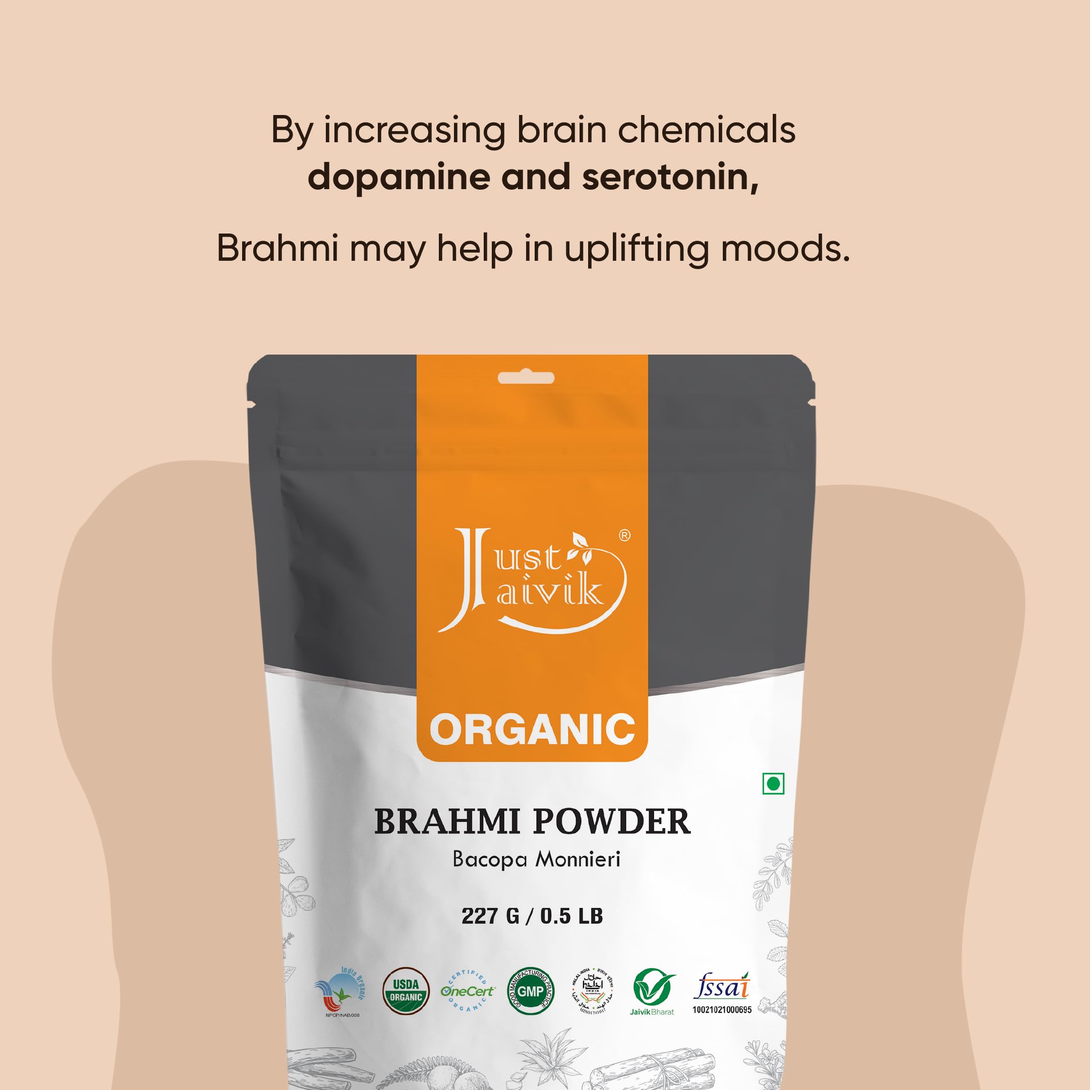 Just Jaivik brahmi etiqueta con certificación USDA y detalles de fabricación, confianza y trazabilidad