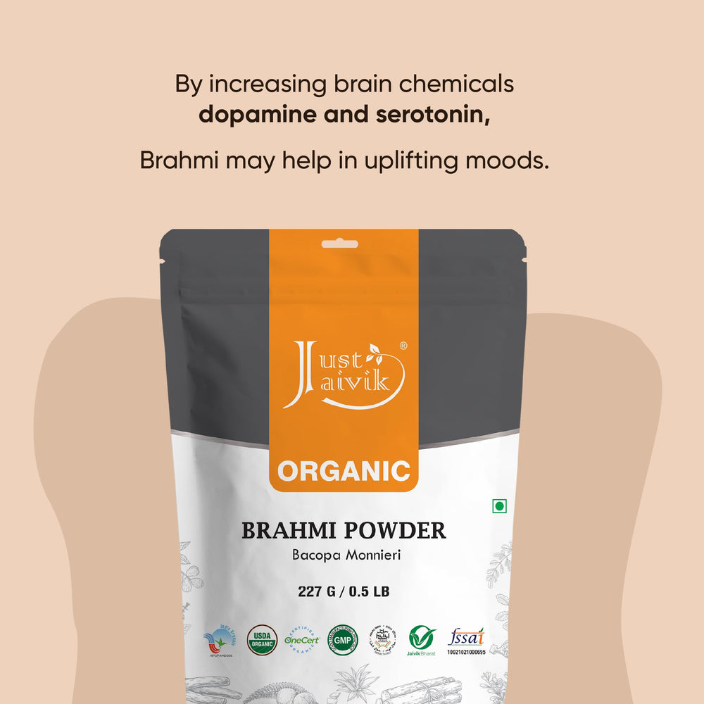 Just Jaivik brahmi etiqueta con certificación USDA y detalles de fabricación, confianza y trazabilidad