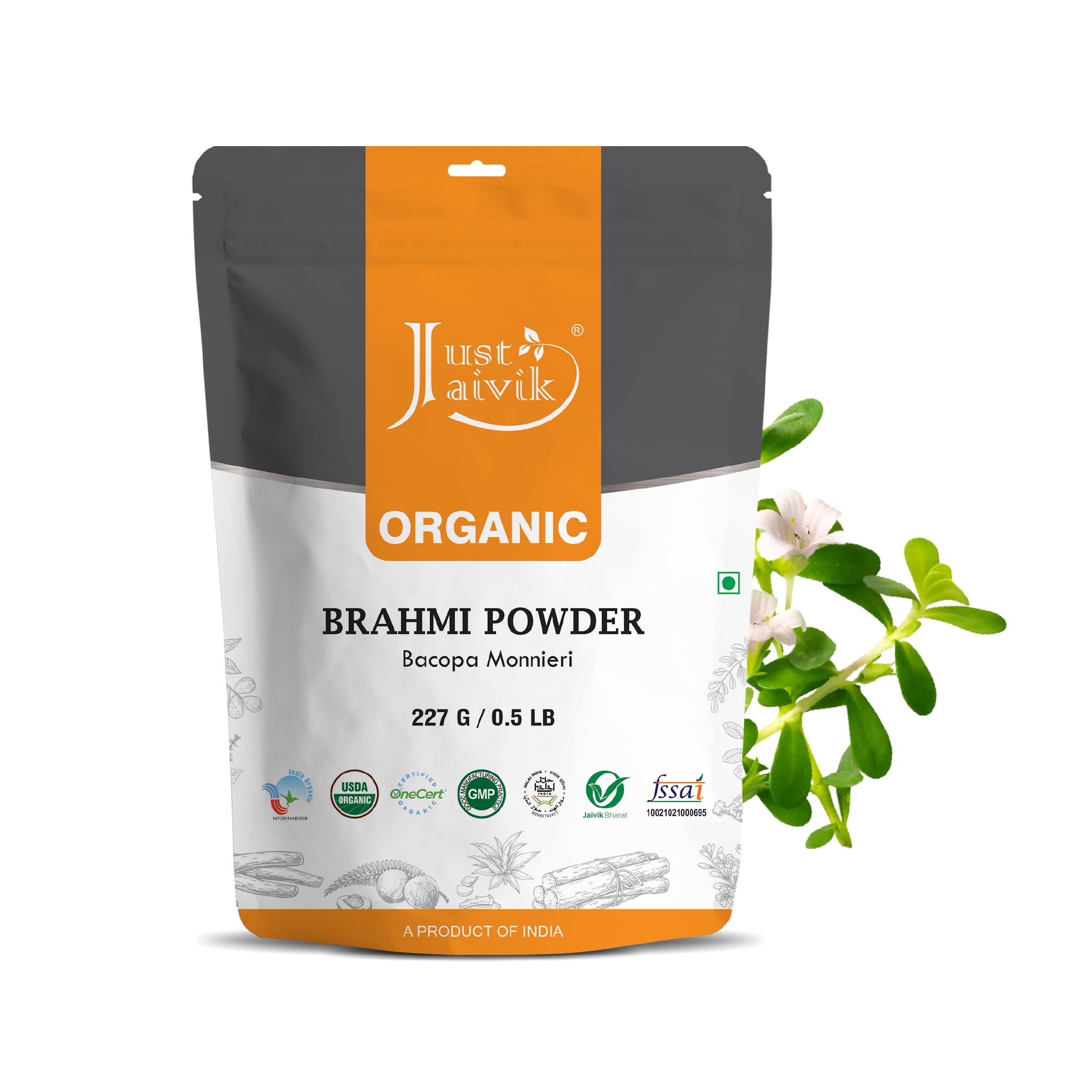 Just Jaivik brahmi envase frontal mostrando etiqueta y cantidad, conveniente para consumo diario