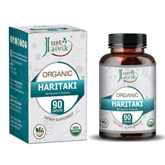 Just Jaivik envase frontal mostrando Haritaki orgánico y beneficios