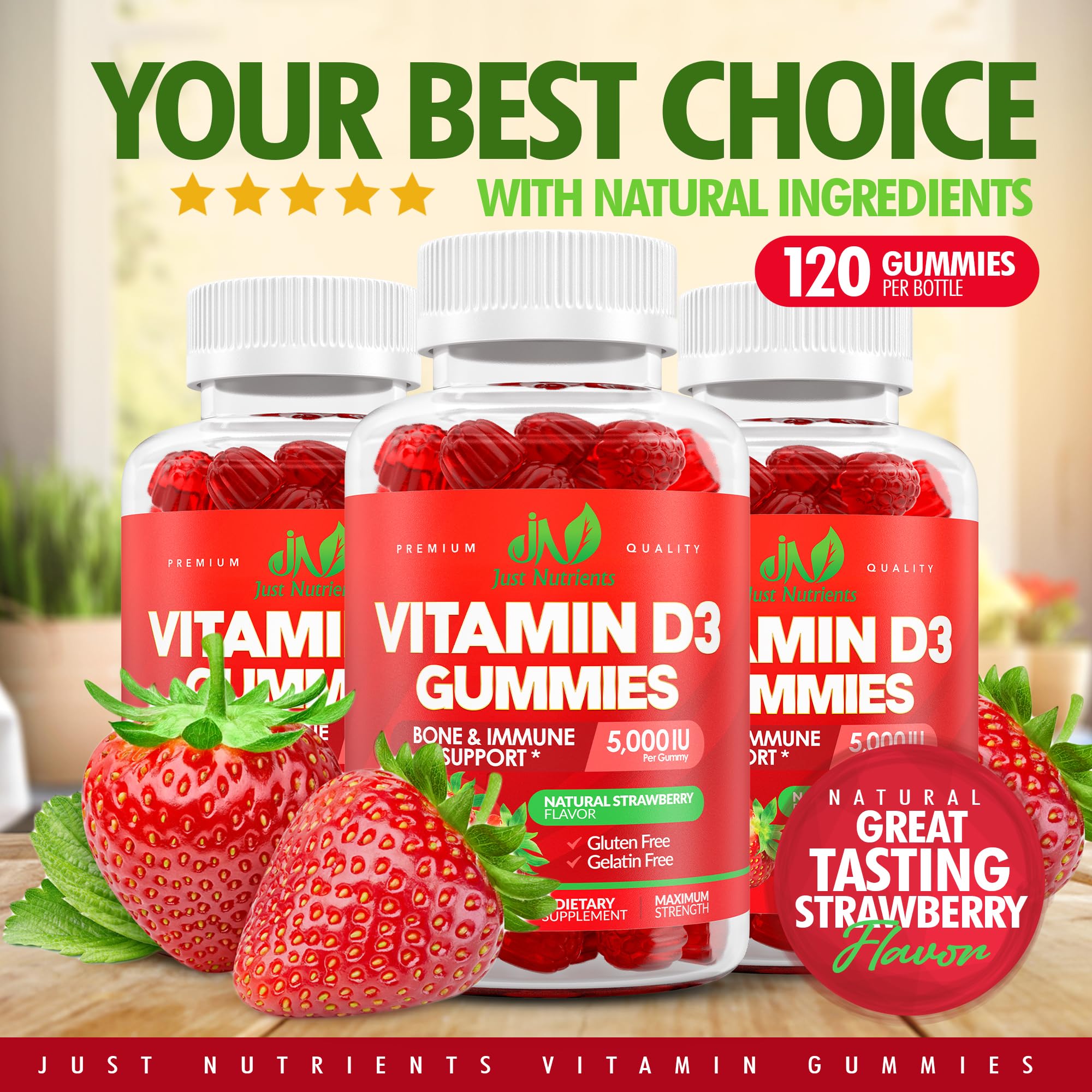 Etiqueta de Just Nutrients con lista de ingredientes y garantías de pureza visibles
