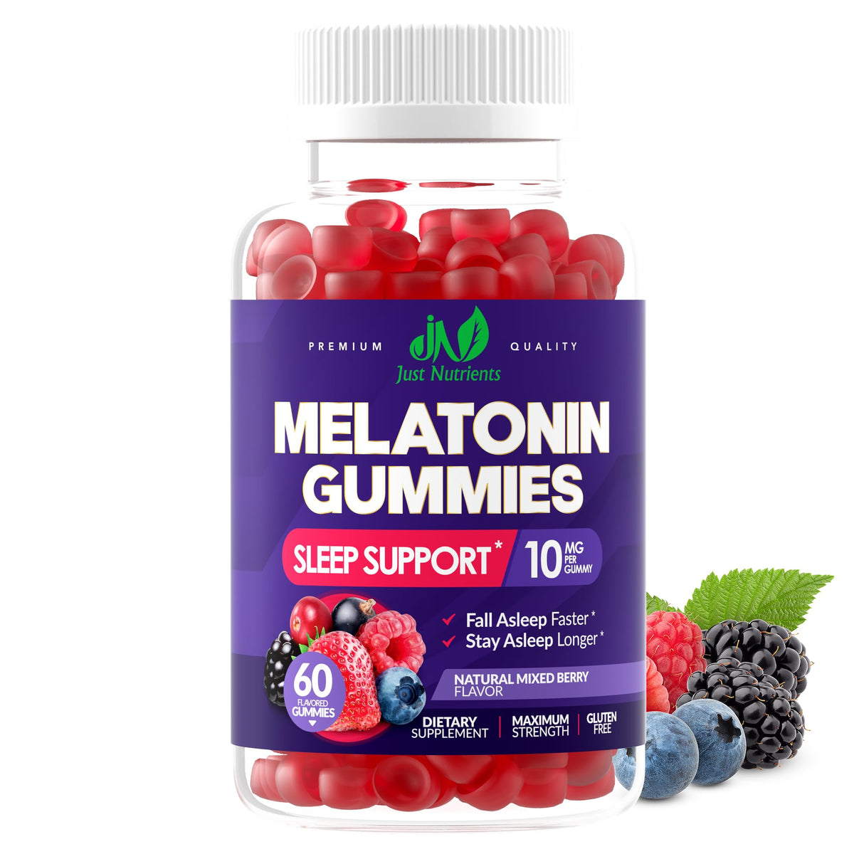 Just Nutrients frasco frontal mostrando 60 gomitas y dosis clara