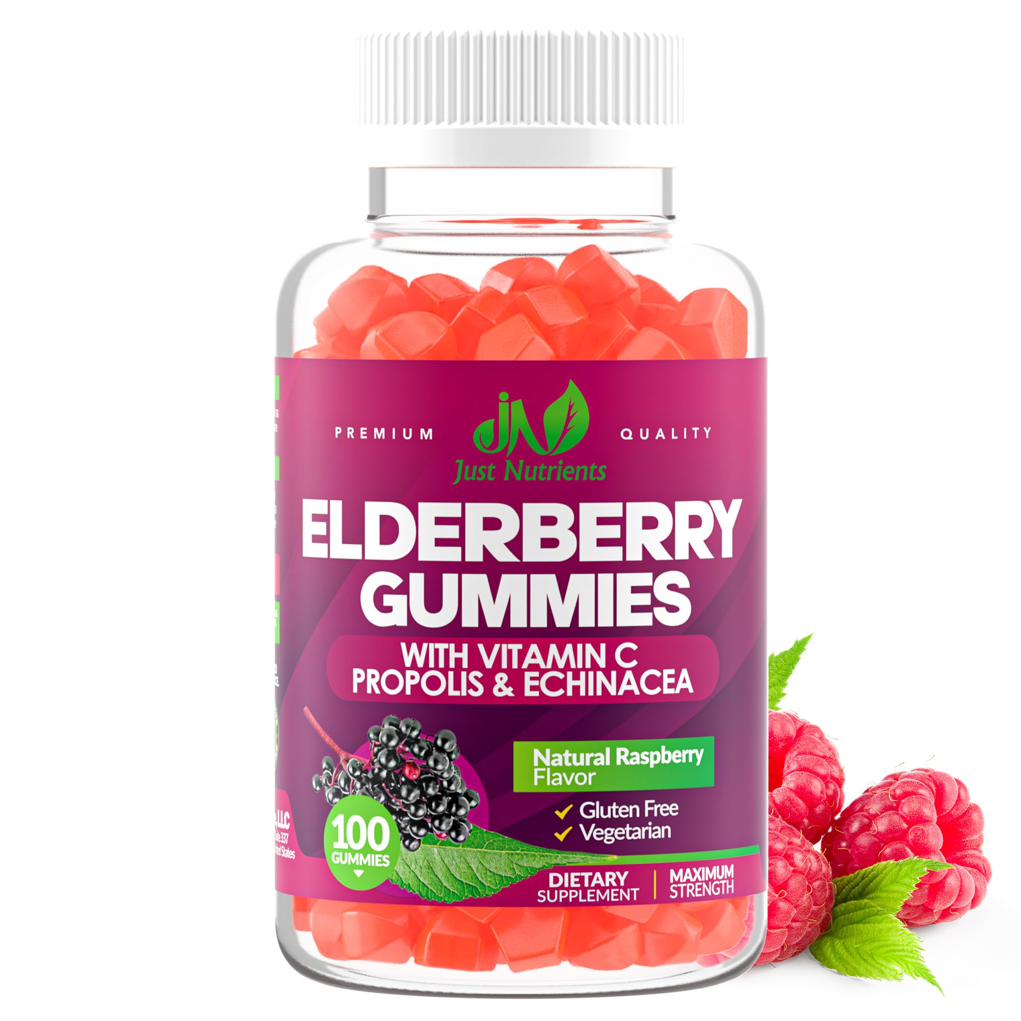 Just Nutrients frasco frontal mostrando 100 gomitas y etiqueta clara