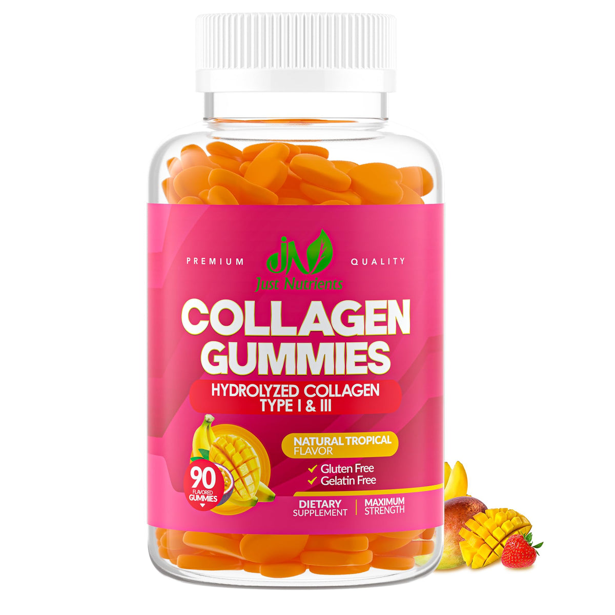 Just Nutrients empaque frontal mostrando 90 gomitas y beneficios claros