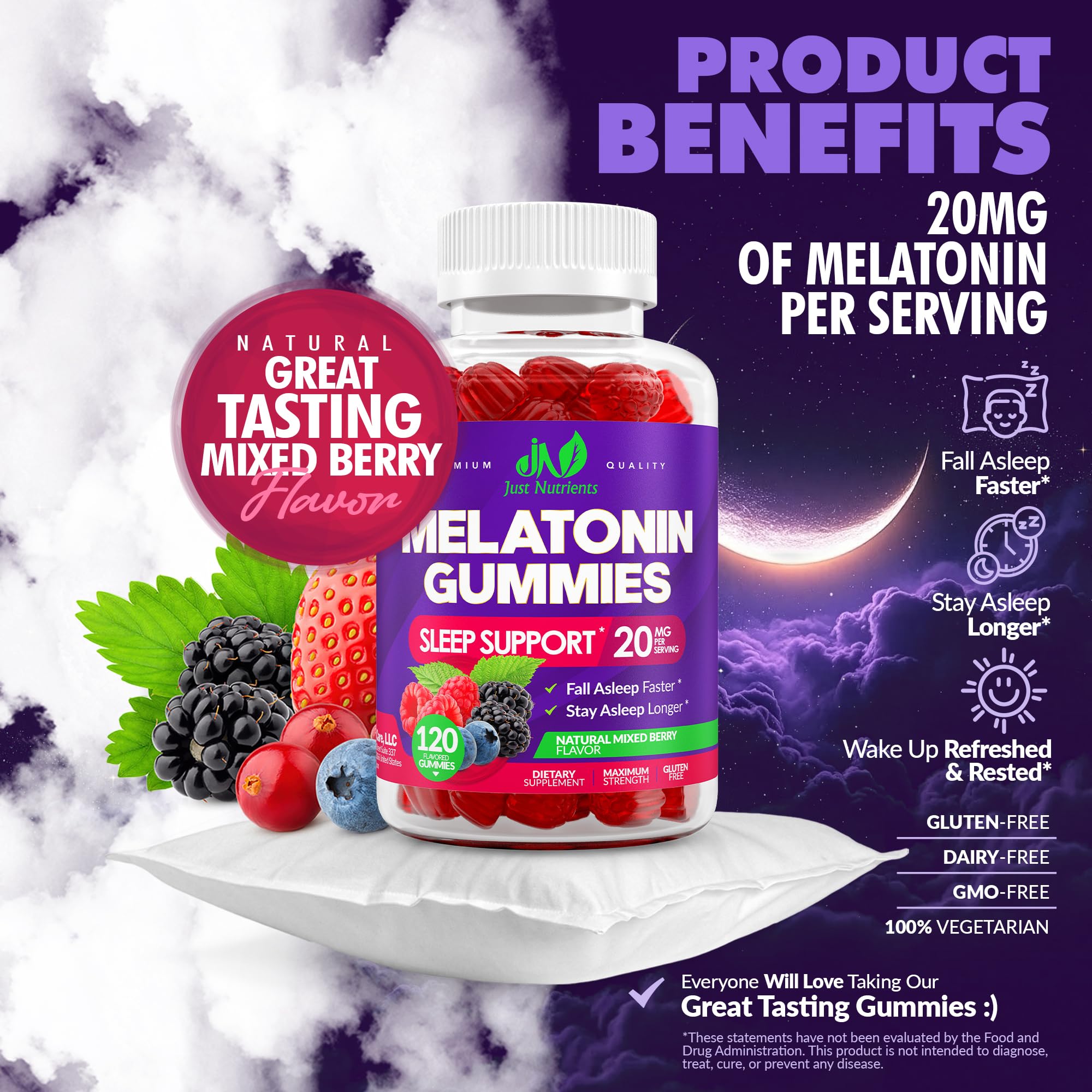 Just Nutrients gominola en mano para comparar tamaño y dosificación