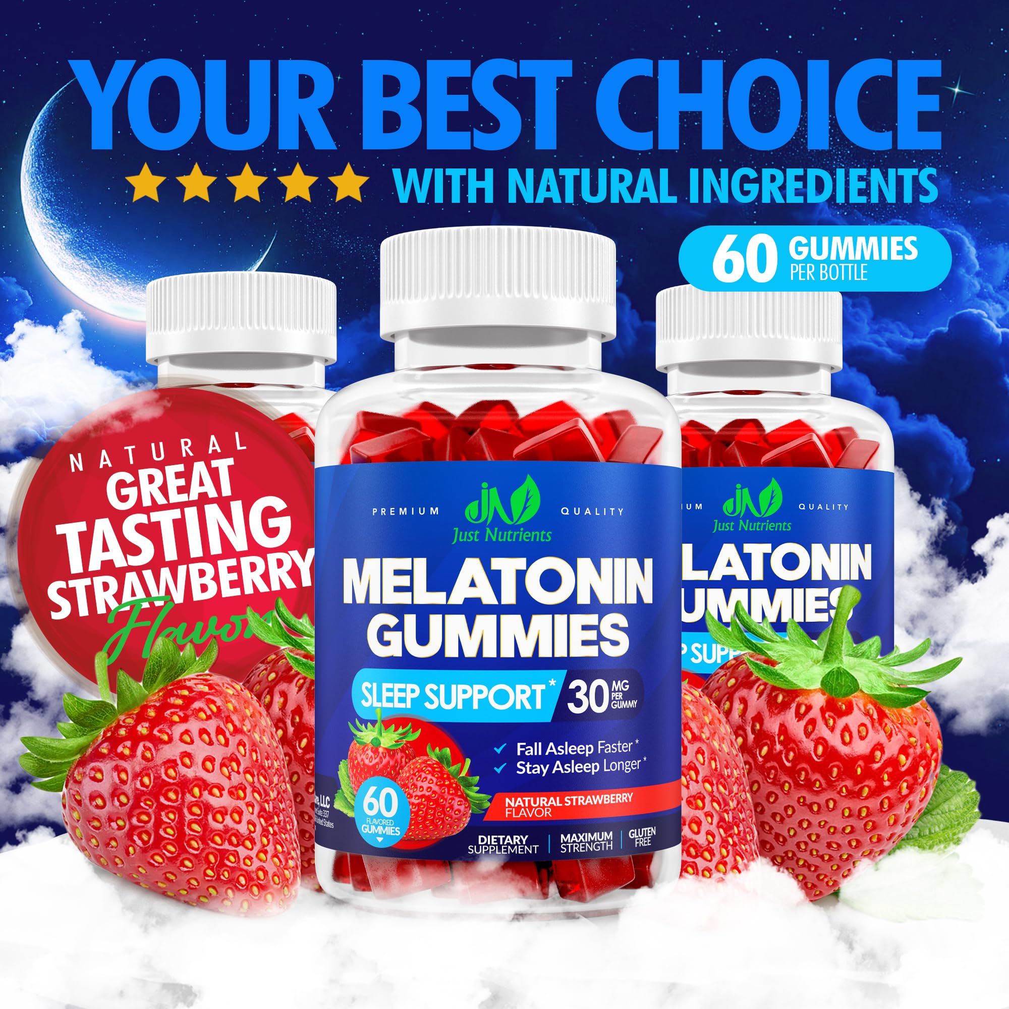Just Nutrients gomitas en mano que muestran escala y dosis por toma