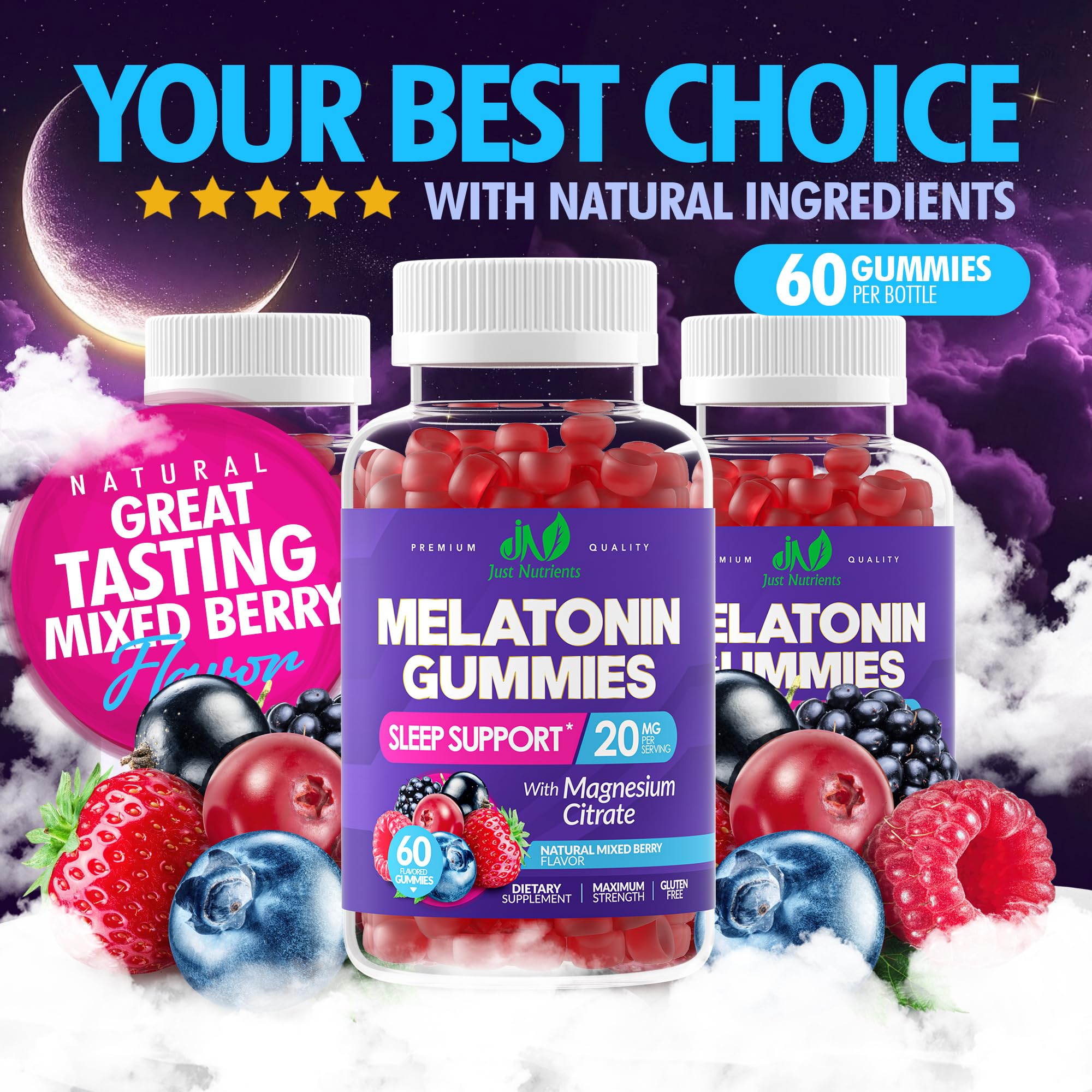 Just Nutrients etiqueta de ingredientes destacando magnesio y melatonina