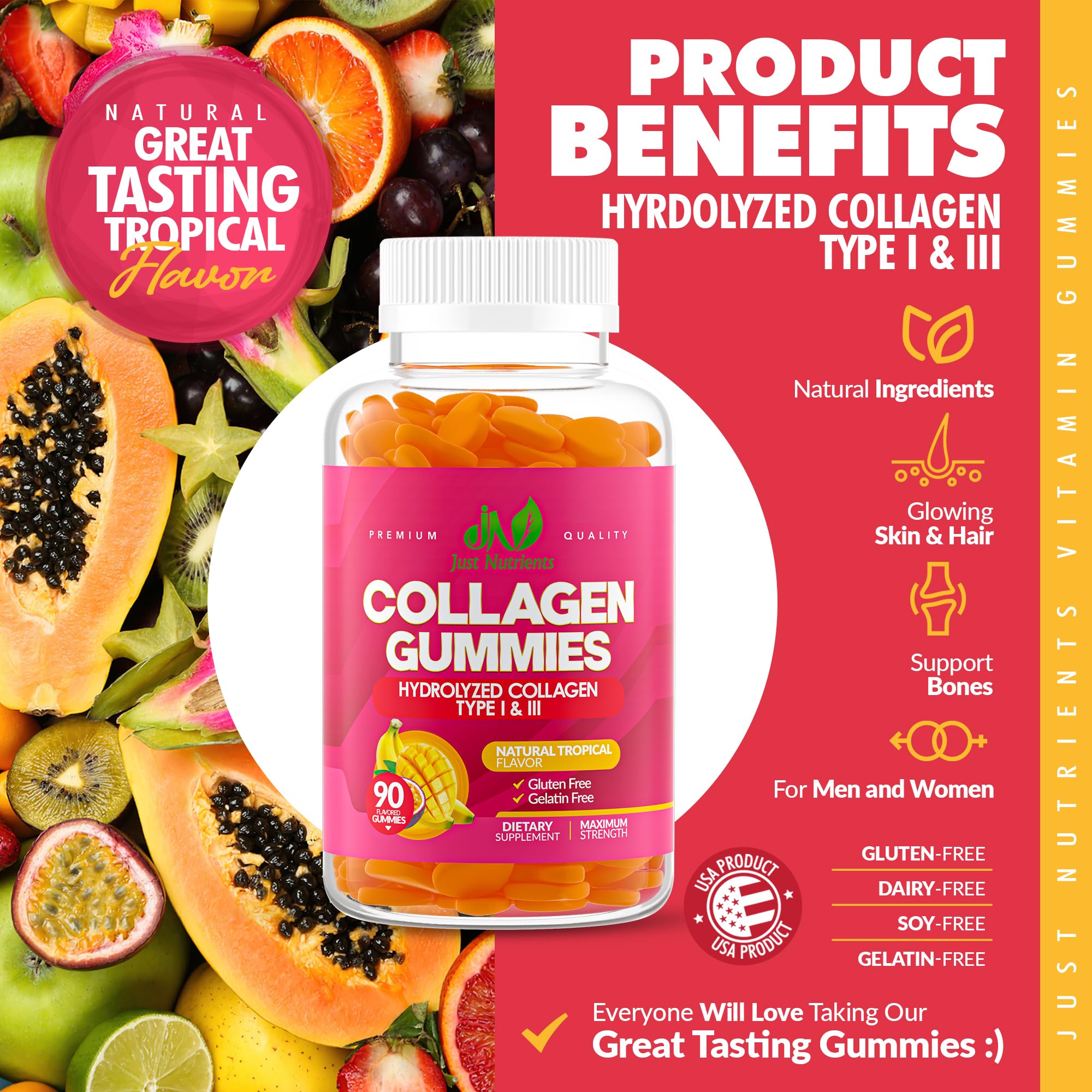 Just Nutrients primer plano de textura de gomita, apetecible y masticable