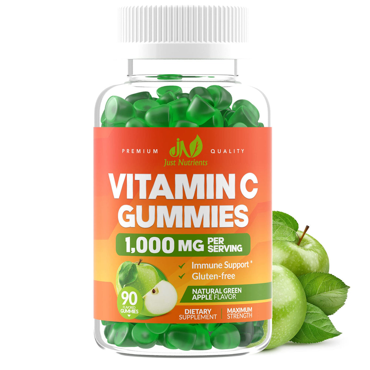 Just Nutrients envase frontal mostrando 90 gomitas y beneficio de alta potencia