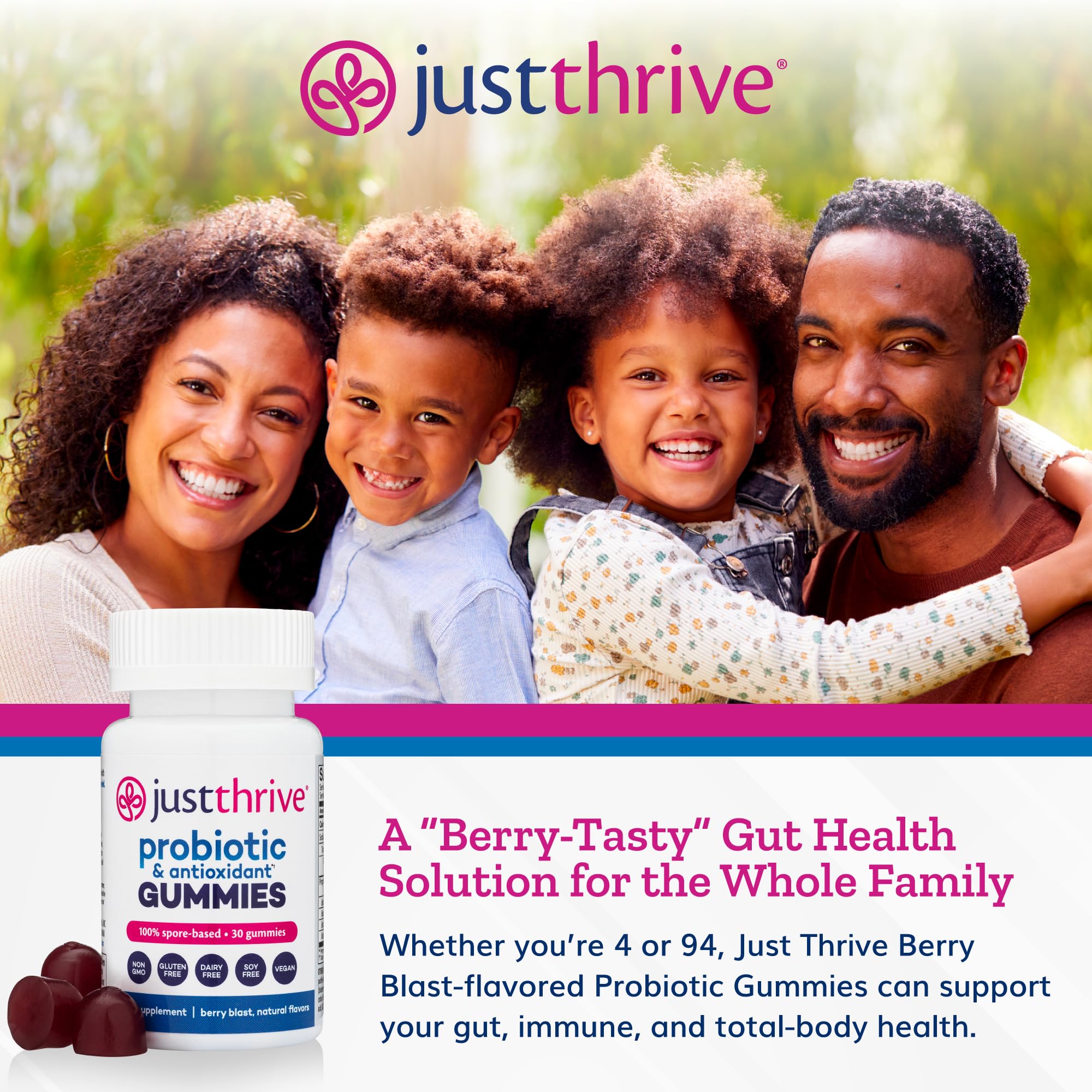 Just Thrive bote abierto mostrando gominolas, fácil dosificación