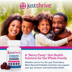 Just Thrive bote abierto mostrando gominolas, fácil dosificación