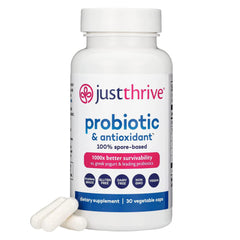 Just Thrive envase frontal mostrando la etiqueta y beneficios visibles