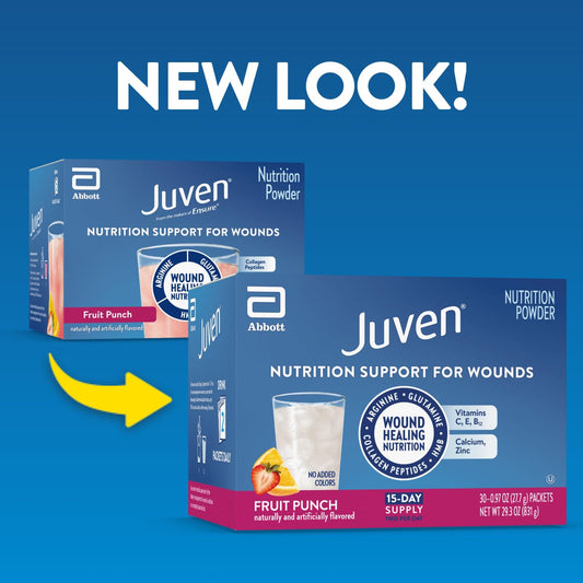 Juven sobre abierto con polvo Fruit Punch, visualiza la consistencia para mezclar mejor