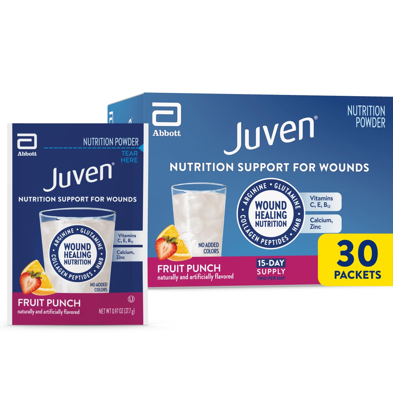 Juven frontal del empaque Fruit Punch mostrando la caja y sobres, fácil identificación y uso