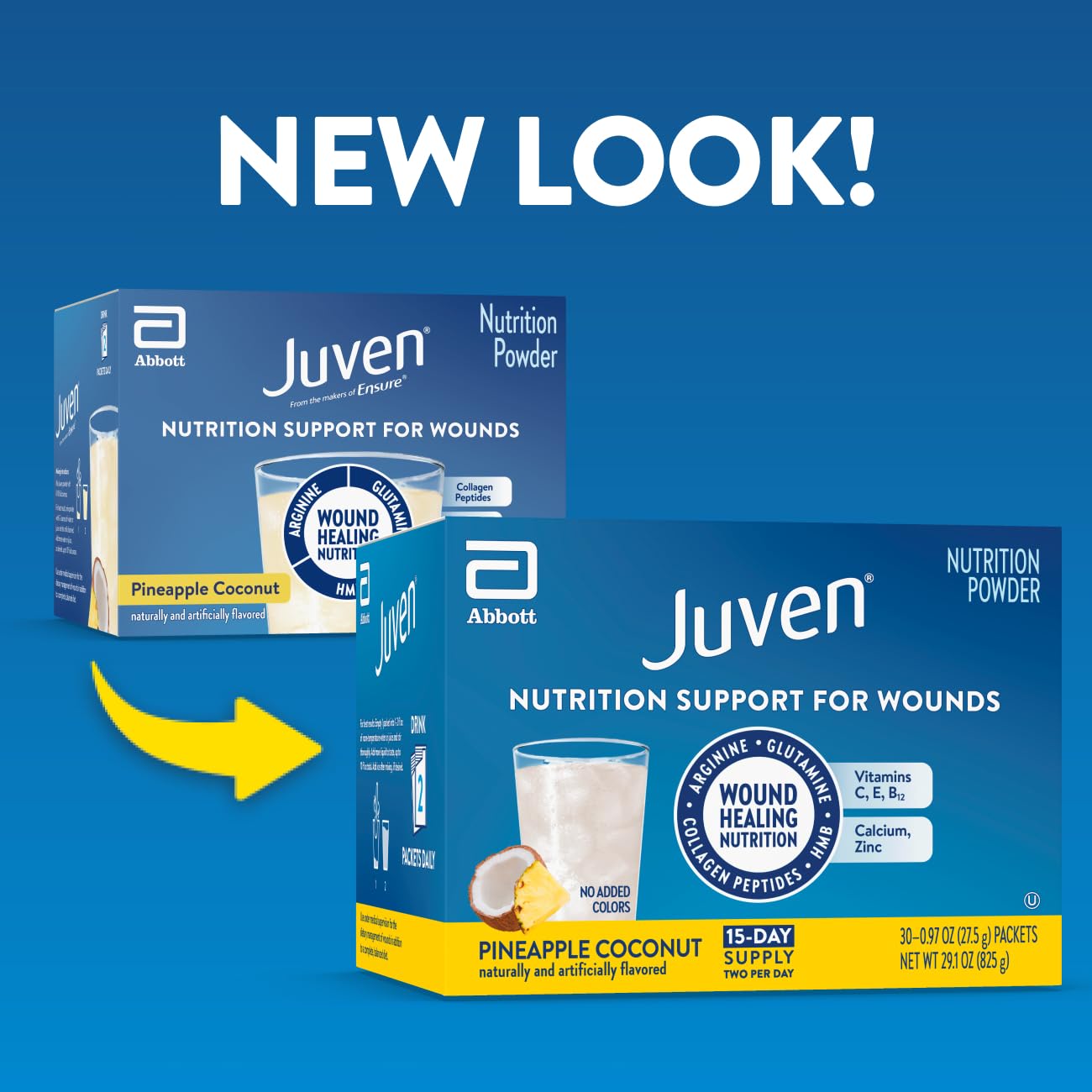 Juven sobre individual abierto con polvo para preparación rápida y precisa