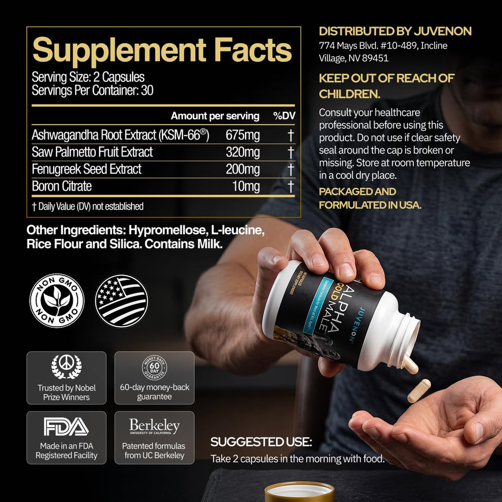 Detalle de etiqueta Juvenon Alpha Gold Male destacando ingredientes clave