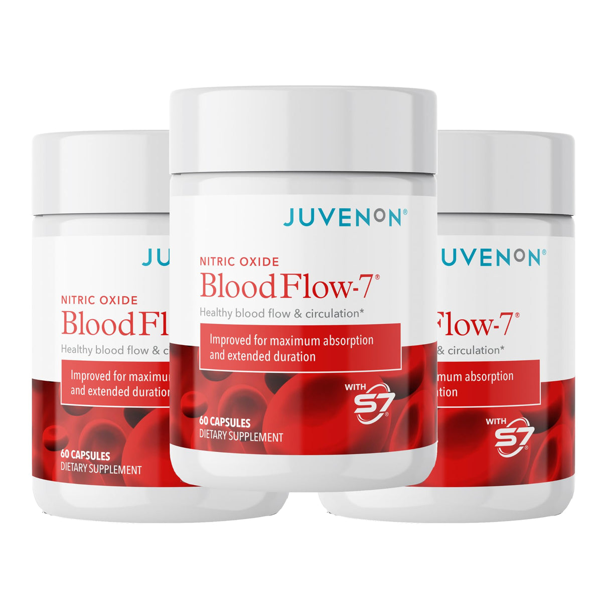 Juvenon bloodflow7 envase frontal mostrando diseño y apoyo circulatorio
