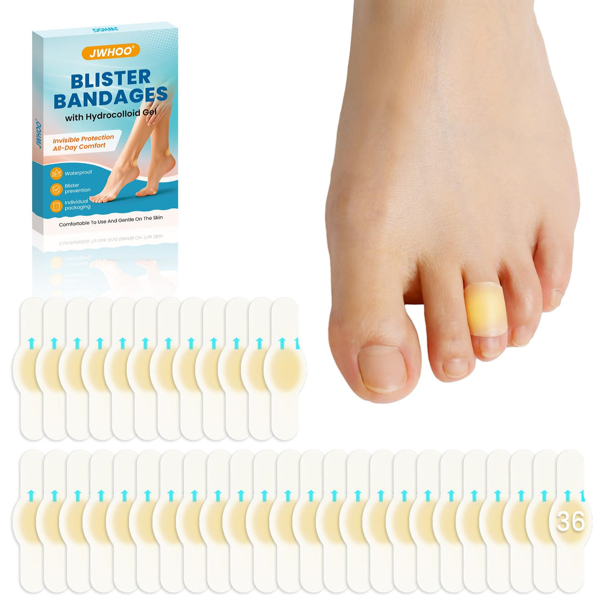 JWHOO empaque frontal mostrando 36 parches y beneficios de protección