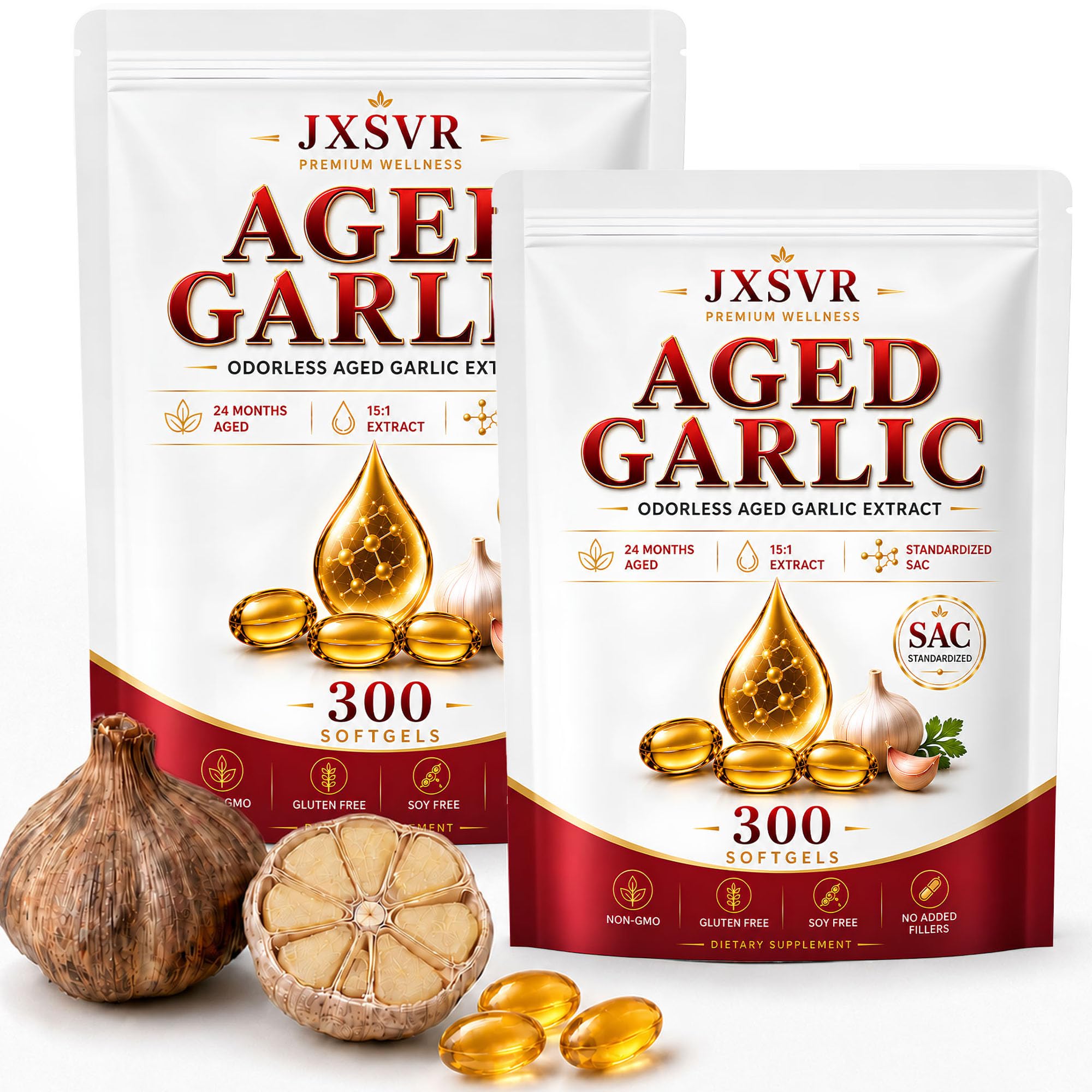 JXSVR frente del envase mostrando 300 softgels y marca, conveniente para abastecimiento