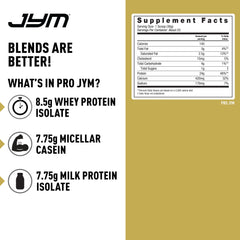 Envase Pro JYM junto a una mano para comparar tamaño, JYM tamaño portátil y práctico