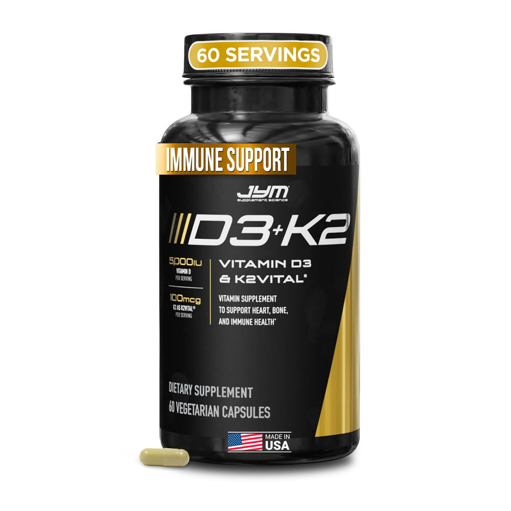 JYM D3 + K2 vista frontal del envase mostrando dosis y beneficios