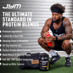 JYM Supplement Science etiqueta con lista de proteínas y proporciones, transparencia informativa
