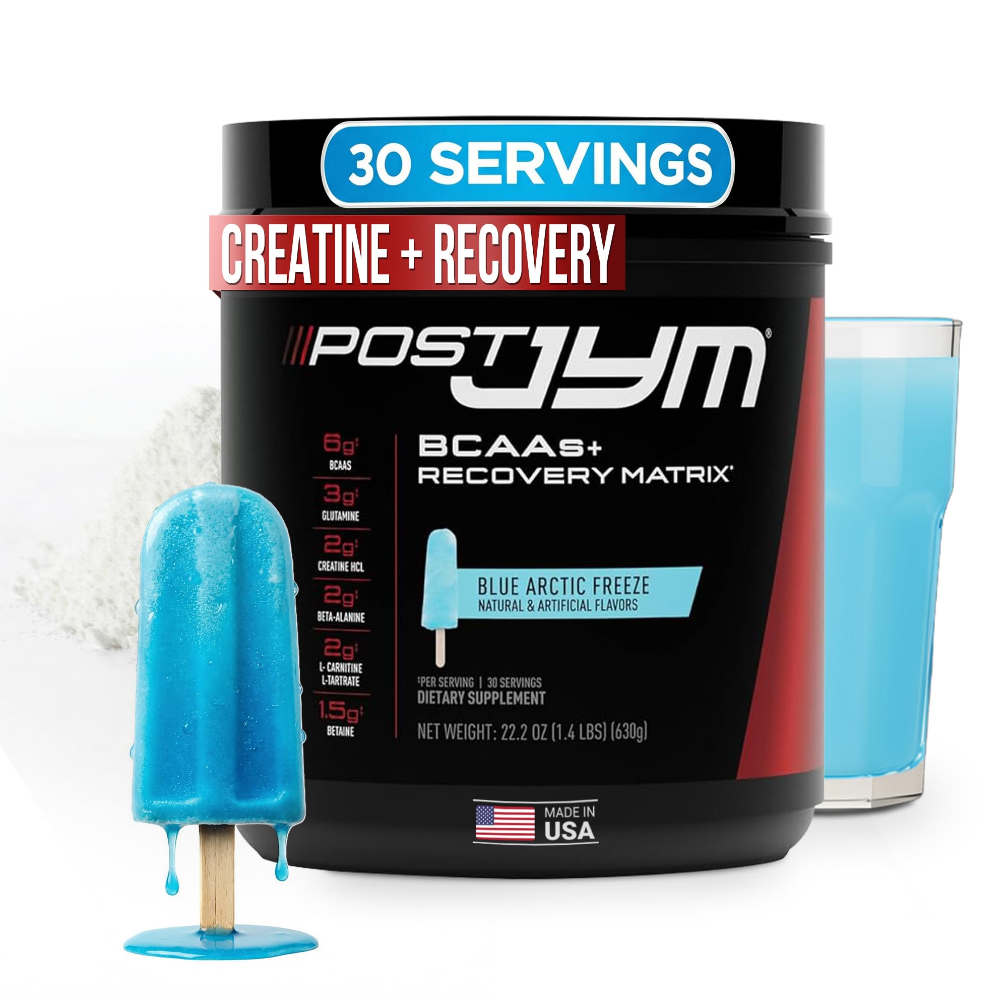 JYM frasco frontal Blue Arctic Freeze mostrando envase y beneficio de recuperación rápida