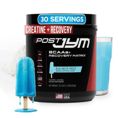 JYM frasco frontal Blue Arctic Freeze mostrando envase y beneficio de recuperación rápida