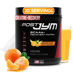 JYM Post JYM frente del envase mostrando marca y sabor mandarina, útil para identificar producto