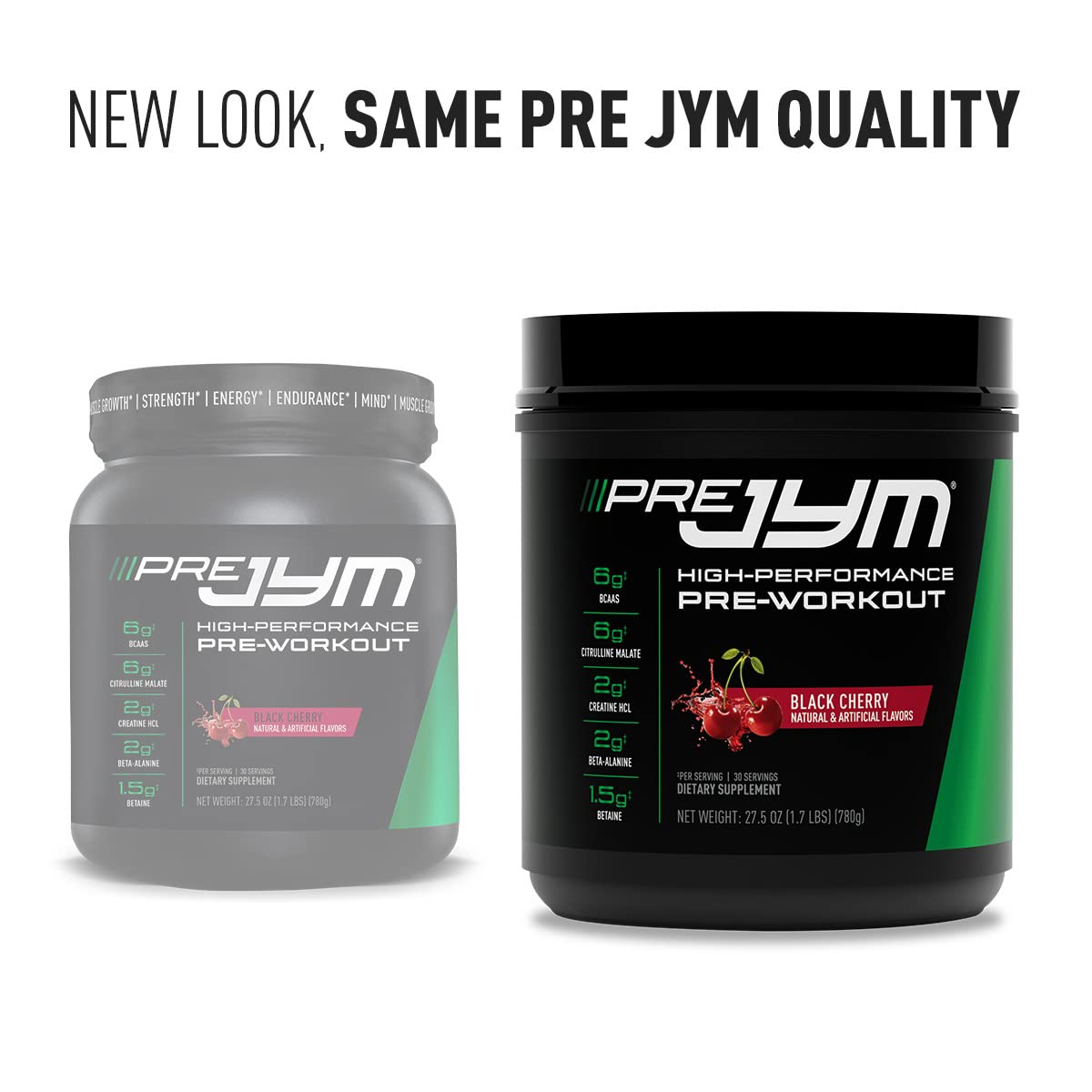 JYM Pre JYM junto a una botella para comparar escala y mostrar tamaño real del envase
