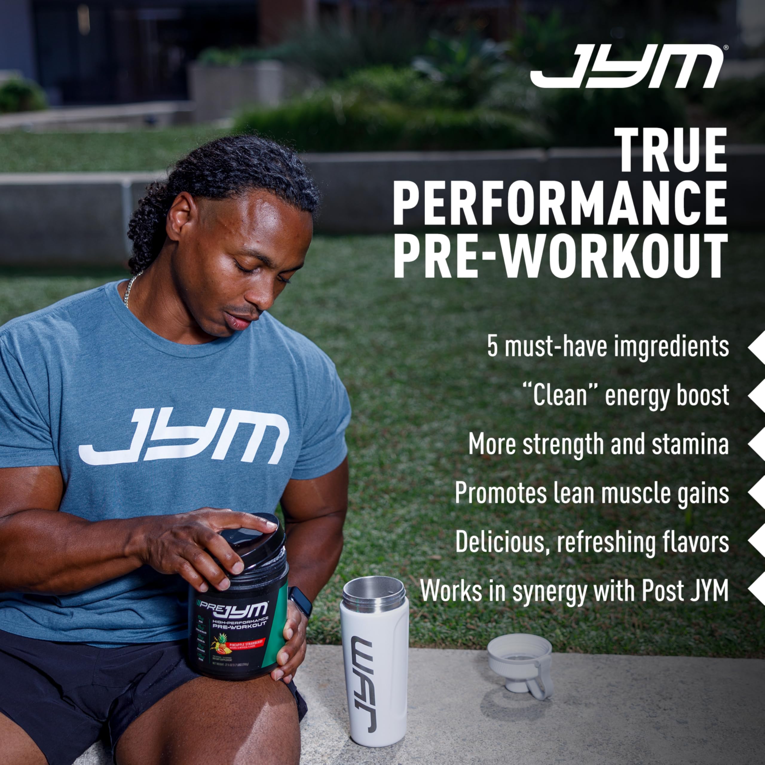 JYM Pre JYM producto en uso en gimnasio para energía y enfoque