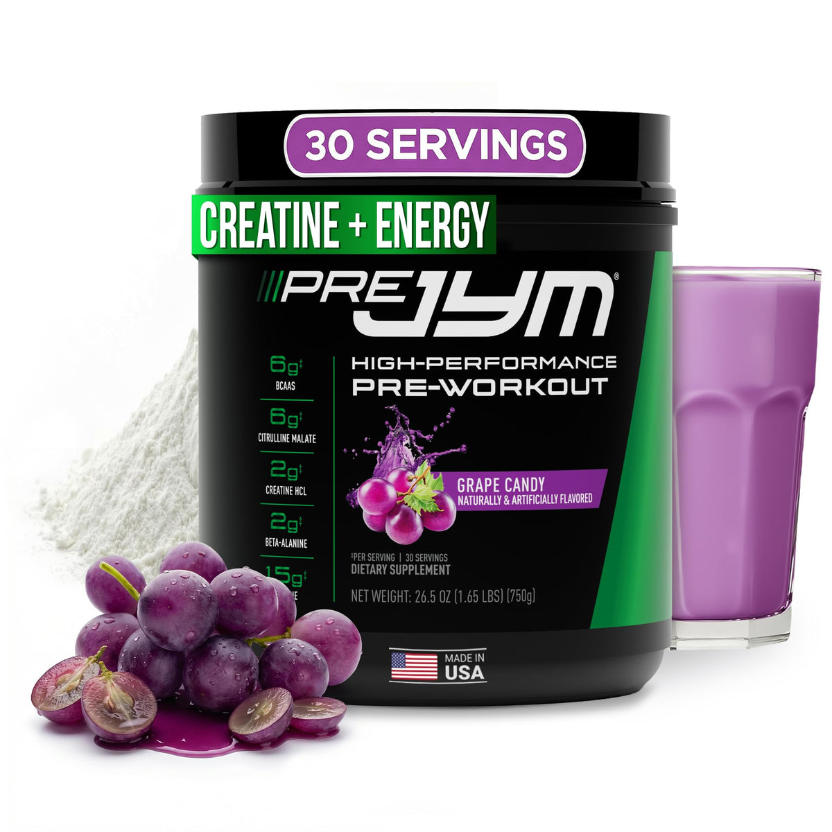 JYM Pre JYM Grape Candy frontal del envase mostrando diseño y sabor, claridad de marca y confianza
